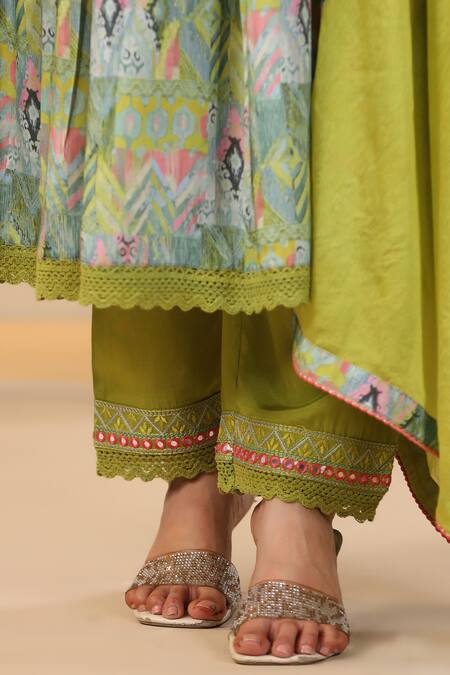 Bairaas_Green Muslin, Chiffon, Cotton, Satin Embellished Printed Anarkali Pant Set_at_Aza_Fashions