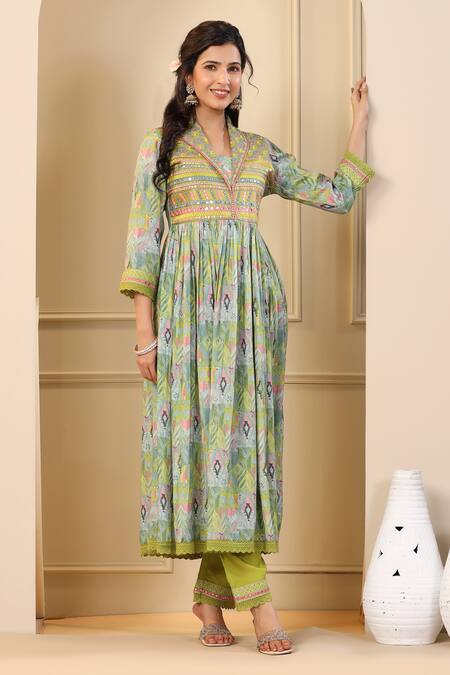 Buy_Bairaas_Green Muslin, Chiffon, Cotton, Satin Embellished Printed Anarkali Pant Set
