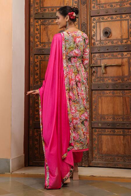 Shop_Bairaas_Pink Chiffon, Cotton Mirrors, Embroidery Petunia Bloom Print Anarkali Pant Set_at_Aza_Fashions