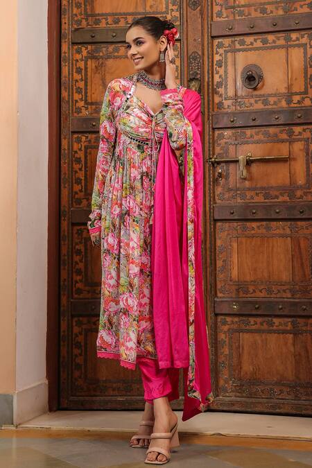 Bairaas_Pink Chiffon, Cotton Mirrors, Embroidery Petunia Bloom Print Anarkali Pant Set_Online_at_Aza_Fashions