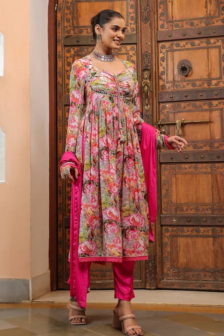Buy_Bairaas_Pink Chiffon, Cotton Mirrors, Embroidery Petunia Bloom Print Anarkali Pant Set_Online_at_Aza_Fashions