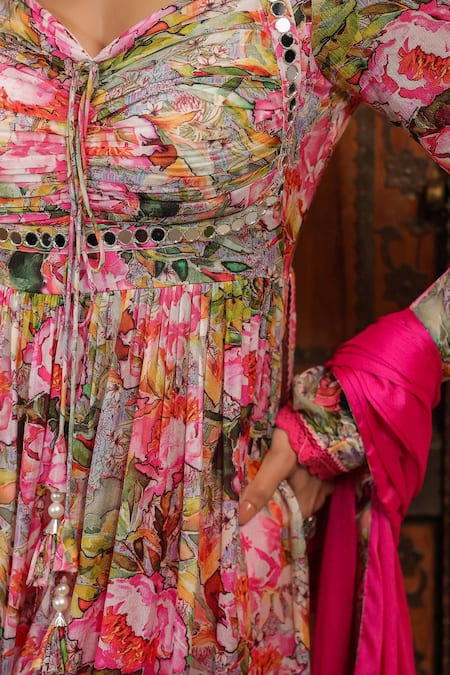 Bairaas_Pink Chiffon, Cotton Mirrors, Embroidery Petunia Bloom Print Anarkali Pant Set_at_Aza_Fashions