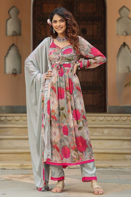 BAIRAAS Grey Santoon Print Bougainvillea Sweetheart Neck Bloom Anarkali Pant Set 