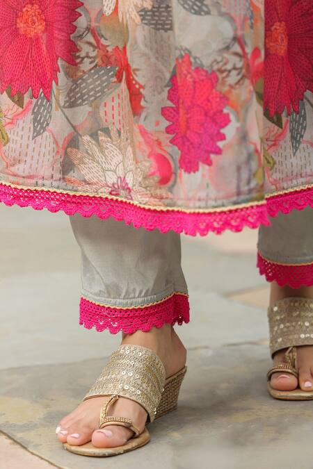 Bairaas_Grey Cotton, Chiffon Mirrors, Bougainvillea Bloom Print Anarkali Pant Set_Online_at_Aza_Fashions