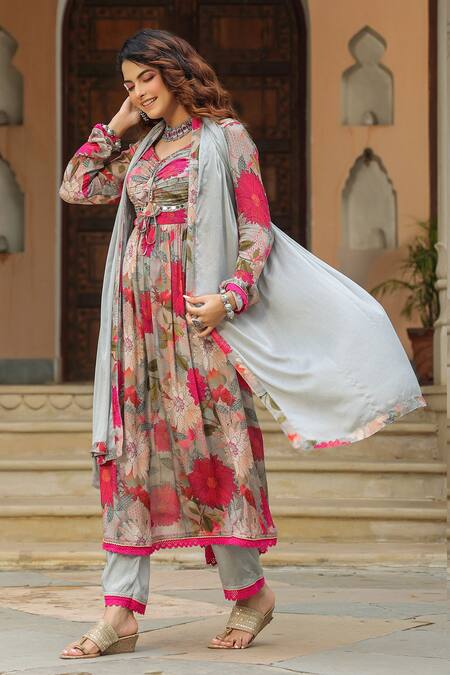 Buy_Bairaas_Grey Cotton, Chiffon Mirrors, Bougainvillea Bloom Print Anarkali Pant Set_Online_at_Aza_Fashions
