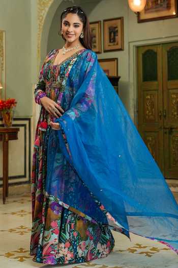 Bairaas_Blue Muslin, Organza Lining Flower Print Embroidered Anarkali With Dupatta_Online_at_Aza_Fashions