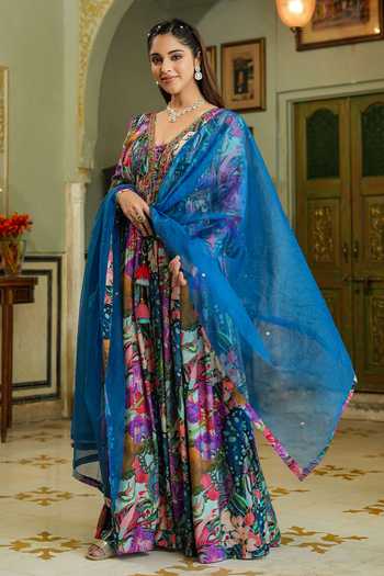 Buy_Bairaas_Blue Muslin, Organza Lining Flower Print Embroidered Anarkali With Dupatta_Online_at_Aza_Fashions