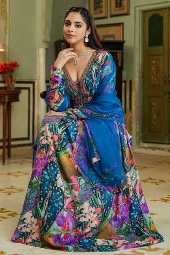 Bairaas_Blue Muslin, Organza Lining Flower Print Embroidered Anarkali With Dupatta_at_Aza_Fashions
