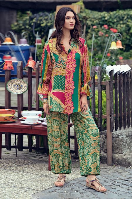 Label Varsha Green Viscose Woven Muslin Printed Floral V Neck Shirt And Pant Set 