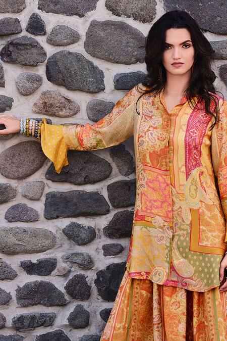 Shop Label Varsha Yellow Viscose, Muslin Collared Printed Sleeve Shirt And Pant Set at Aza Fashions Shop_Label Varsha_Yellow Viscose, Muslin Collared Printed Sleeve Shirt And Pant Set_at_Aza_Fashions