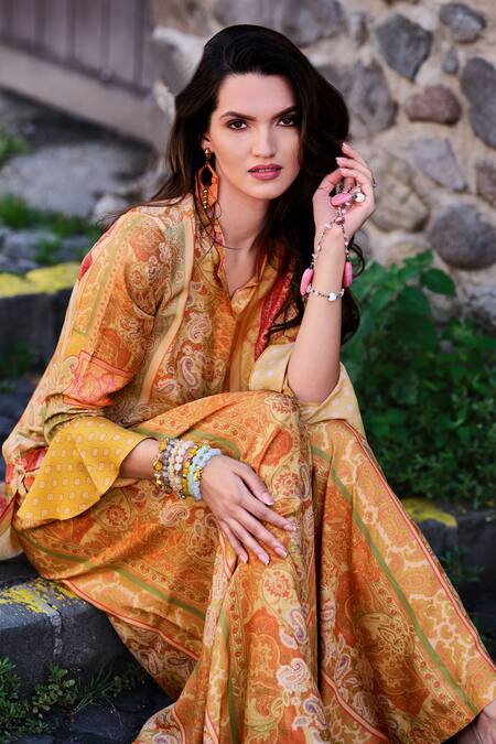 Label Varsha Yellow Viscose, Muslin Collared Printed Sleeve Shirt And Pant Set Online at Aza Fashions Label Varsha_Yellow Viscose, Muslin Collared Printed Sleeve Shirt And Pant Set_Online_at_Aza_Fashions