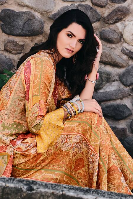 Buy Label Varsha Yellow Viscose, Muslin Collared Printed Sleeve Shirt And Pant Set Online at Aza Fashions Buy_Label Varsha_Yellow Viscose, Muslin Collared Printed Sleeve Shirt And Pant Set_Online_at_Aza_Fashions