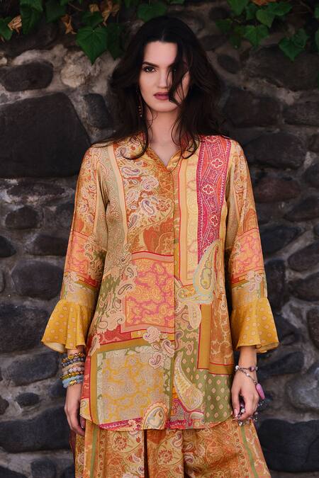 Shop Label Varsha Yellow Viscose, Muslin Collared Printed Sleeve Shirt And Pant Set Online at Aza Fashions Shop_Label Varsha_Yellow Viscose, Muslin Collared Printed Sleeve Shirt And Pant Set_Online_at_Aza_Fashions