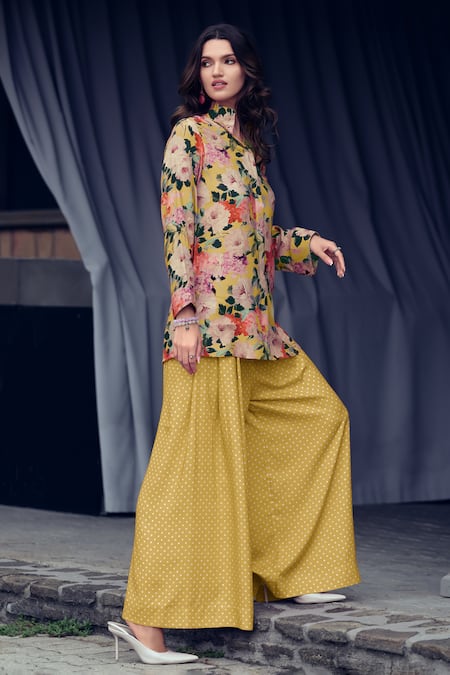 Buy Yellow Viscose Woven Muslin Printed Floral Spread Shirt And Pant Set  For Women by Label Varsha Online at Aza Fashions.