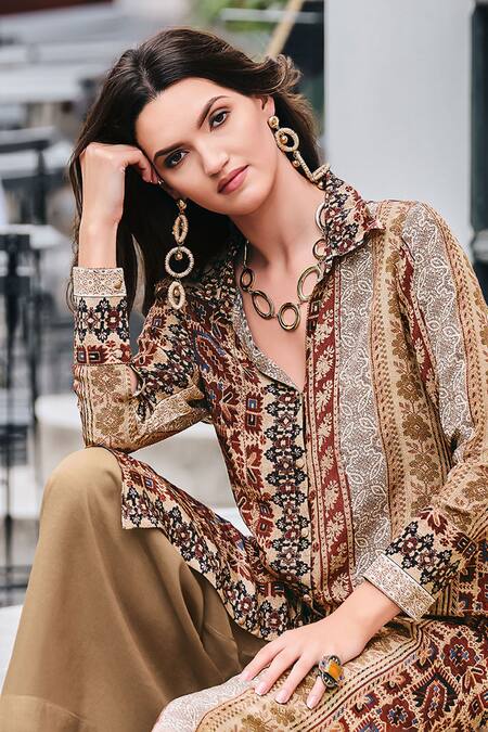 Label Varsha_Brown Tunic Viscose Woven Muslin Printed Stripe Spread And Wide Legged Pant Set_Online_at_Aza_Fashions