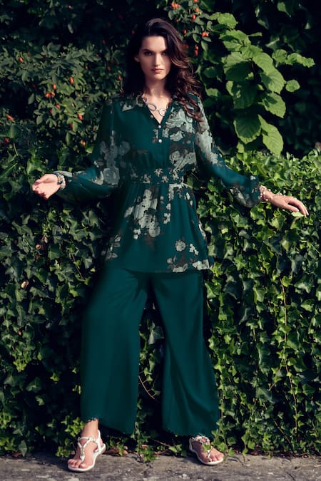 Emerald Lace Detail Flare Pants