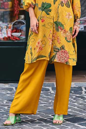 Label Varsha_Yellow Tunic Viscose Woven Muslin Printed Florette Mandarin And Flared Pant Set_Online_at_Aza_Fashions