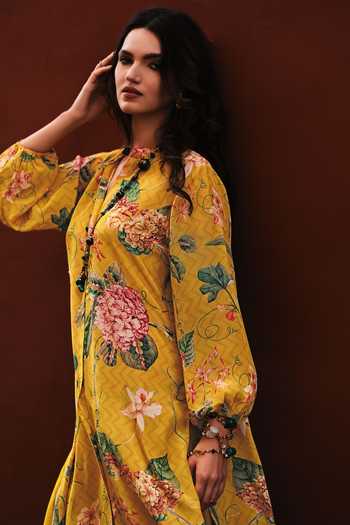 Buy_Label Varsha_Yellow Tunic Viscose Woven Muslin Printed Florette Mandarin And Flared Pant Set_Online_at_Aza_Fashions