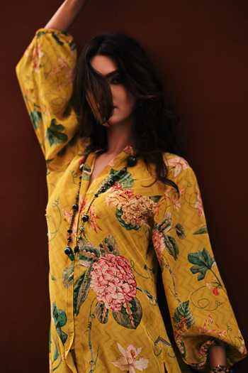 Shop_Label Varsha_Yellow Tunic Viscose Woven Muslin Printed Florette Mandarin And Flared Pant Set_Online_at_Aza_Fashions