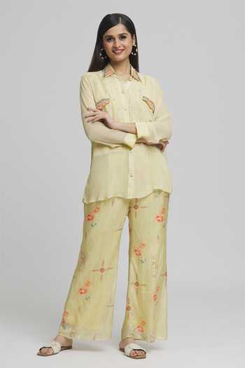 Samyukta Singhania_Yellow Georgette, Muslin Embroidery Collared, Round Thread Sheer Shirt Pant Set_Online_at_Aza_Fashions