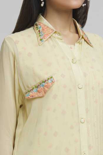 Buy_Samyukta Singhania_Yellow Georgette, Muslin Embroidery Collared, Round Thread Sheer Shirt Pant Set_Online_at_Aza_Fashions