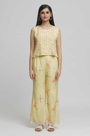 Shop_Samyukta Singhania_Yellow Georgette, Muslin Embroidery Collared, Round Thread Sheer Shirt Pant Set_Online_at_Aza_Fashions