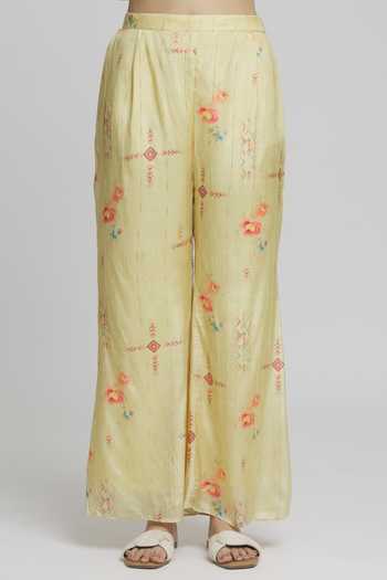 Samyukta Singhania_Yellow Georgette, Muslin Embroidery Collared, Round Thread Sheer Shirt Pant Set_at_Aza_Fashions