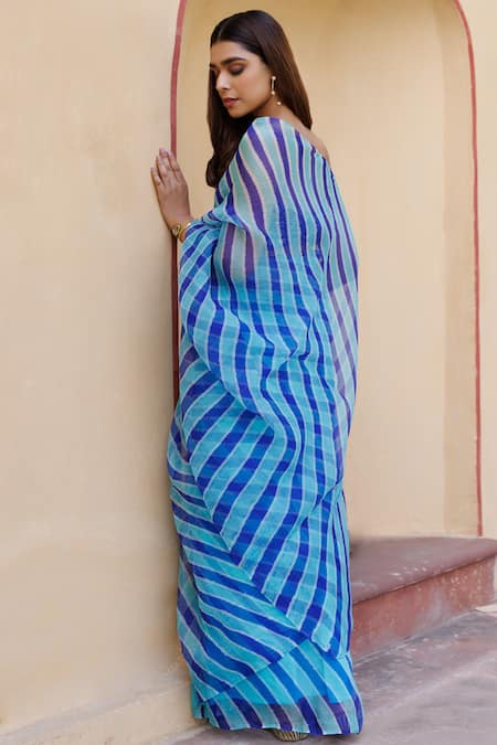 Shop Geroo Jaipur Blue Organza, Brocade Leheriya Saree With Unstitched Blouse Piece at Aza Fashions Shop_Geroo Jaipur_Blue Organza, Brocade Leheriya Saree With Unstitched Blouse Piece _at_Aza_Fashions