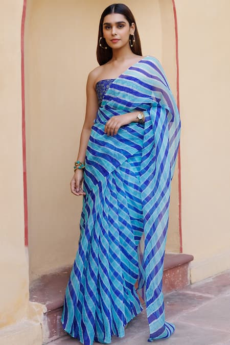 Geroo Jaipur Blue Organza, Brocade Leheriya Saree With Unstitched Blouse Piece Online at Aza Fashions Geroo Jaipur_Blue Organza, Brocade Leheriya Saree With Unstitched Blouse Piece _Online_at_Aza_Fashions
