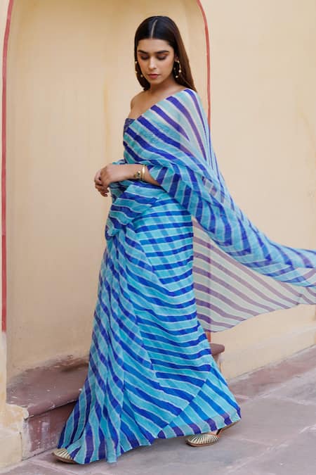 Buy Geroo Jaipur Blue Organza, Brocade Leheriya Saree With Unstitched Blouse Piece Online at Aza Fashions Buy_Geroo Jaipur_Blue Organza, Brocade Leheriya Saree With Unstitched Blouse Piece _Online_at_Aza_Fashions