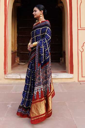 Buy_Geroo Jaipur_Blue Modal, Silk Zari Gharchola Bandhani Saree With Unstitched Blouse Piece_Online_at_Aza_Fashions