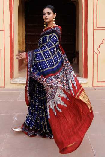 Shop_Geroo Jaipur_Blue Modal, Silk Zari Gharchola Bandhani Saree With Unstitched Blouse Piece_Online_at_Aza_Fashions
