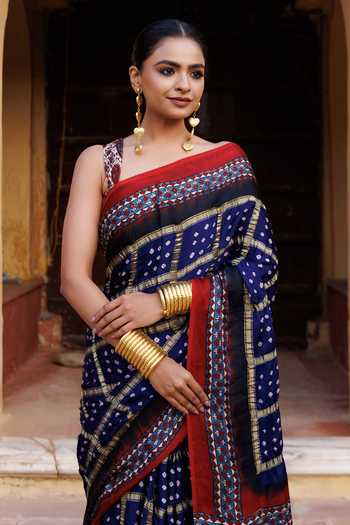 Geroo Jaipur_Blue Modal, Silk Zari Gharchola Bandhani Saree With Unstitched Blouse Piece_at_Aza_Fashions