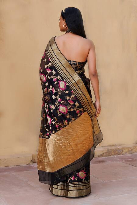 Shop Geroo Jaipur Black Kota Doria Zari Floral Pattern Saree With Unstitched Blouse Piece at Aza Fashions Shop_Geroo Jaipur_Black Kota Doria Zari Floral Pattern Saree With Unstitched Blouse Piece _at_Aza_Fashions