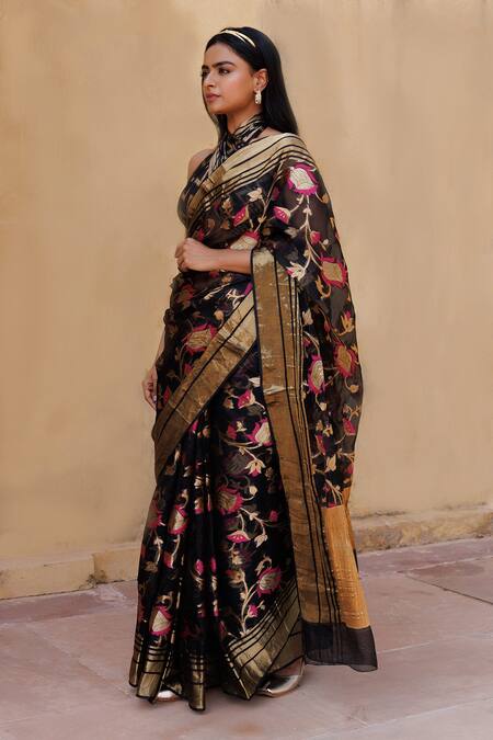 Shop Geroo Jaipur Black Kota Doria Zari Floral Pattern Saree With Unstitched Blouse Piece Online at Aza Fashions Shop_Geroo Jaipur_Black Kota Doria Zari Floral Pattern Saree With Unstitched Blouse Piece _Online_at_Aza_Fashions
