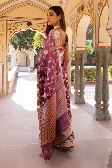 Shop Geroo Jaipur Wine Kota Doria Zari Jaal Pattern Ombre Saree With Unstitched Blouse Piece at Aza Fashions Shop_Geroo Jaipur_Wine Kota Doria Zari Jaal Pattern Ombre Saree With Unstitched Blouse Piece _at_Aza_Fashions