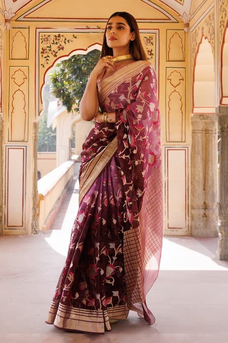 Geroo Jaipur Wine Kota Doria Zari Jaal Pattern Ombre Saree With Unstitched Blouse Piece Online at Aza Fashions Geroo Jaipur_Wine Kota Doria Zari Jaal Pattern Ombre Saree With Unstitched Blouse Piece _Online_at_Aza_Fashions