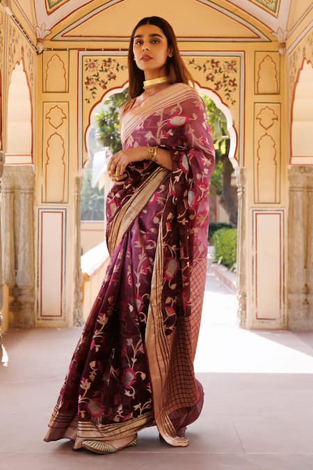 Buy Geroo Jaipur Wine Kota Doria Zari Jaal Pattern Ombre Saree With Unstitched Blouse Piece Online at Aza Fashions Buy_Geroo Jaipur_Wine Kota Doria Zari Jaal Pattern Ombre Saree With Unstitched Blouse Piece _Online_at_Aza_Fashions
