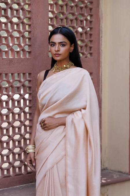 Shop_Geroo Jaipur_Beige Silk, Jacquard Tassels Saree With Unstitched Blouse Piece_Online_at_Aza_Fashions