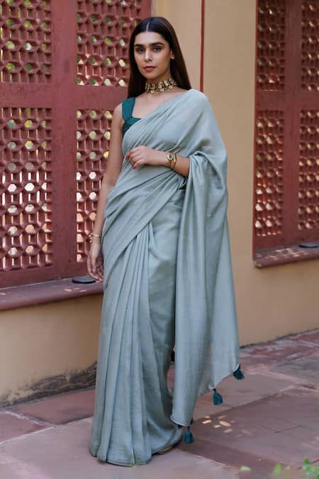 Geroo Jaipur Green Saree Silk Plain With Unstitched Jacquard Blouse Piece