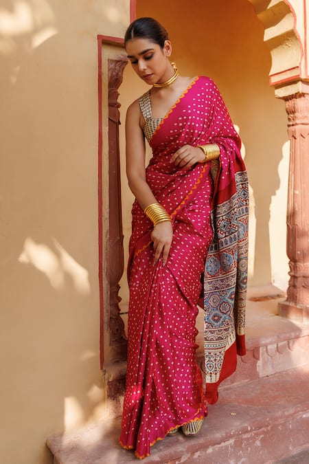 Buy_Geroo Jaipur_Magenta Gingham, Pure Bandhani Gajji Silk Saree With Unstitched Blouse Piece _Online_at_Aza_Fashions