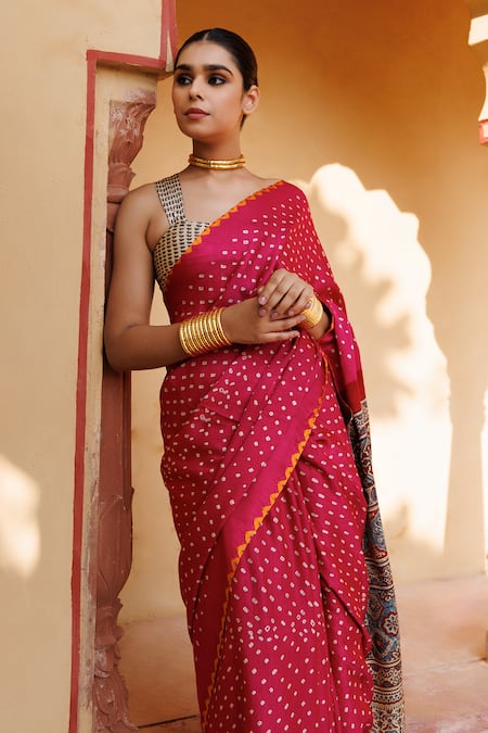 Shop_Geroo Jaipur_Magenta Gingham, Pure Bandhani Gajji Silk Saree With Unstitched Blouse Piece _Online_at_Aza_Fashions