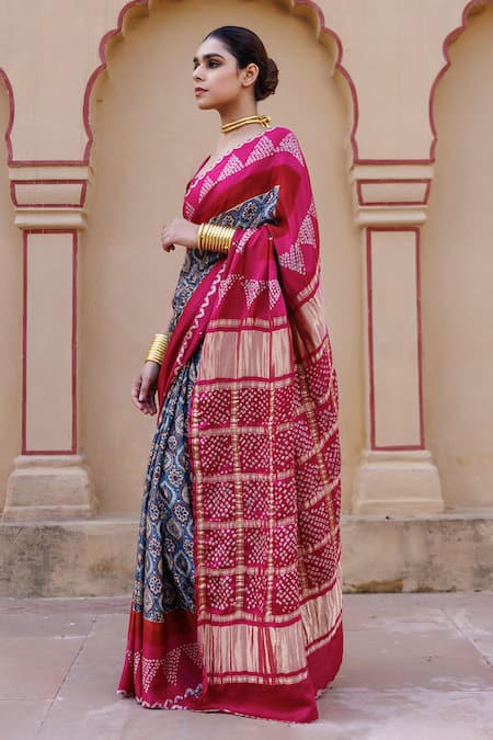 Geroo Jaipur_Magenta Gingham, Gabardine Zari Ajrakh Print Saree With Unstitched Blouse Piece _Online_at_Aza_Fashions
