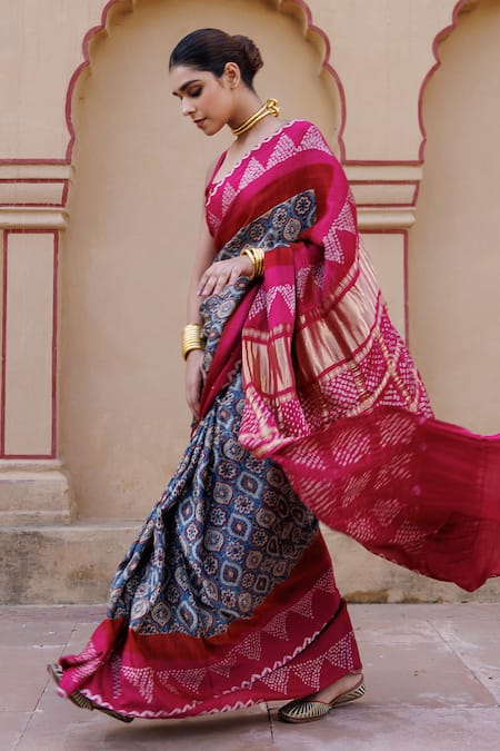 Shop_Geroo Jaipur_Magenta Gingham, Gabardine Zari Ajrakh Print Saree With Unstitched Blouse Piece _Online_at_Aza_Fashions