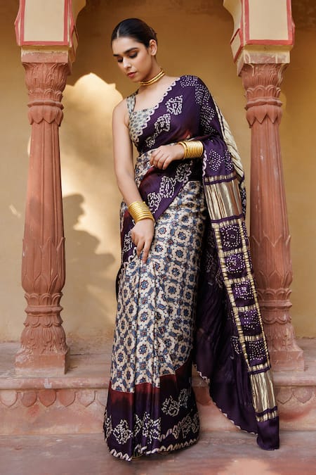 Geroo Jaipur_Wine Silk, Gabardine Zari, Gharchola Pallu Saree With Unstitched Blouse Piece_Online_at_Aza_Fashions
