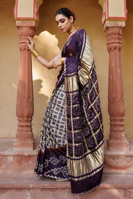 Buy_Geroo Jaipur_Wine Silk, Gabardine Zari, Gharchola Pallu Saree With Unstitched Blouse Piece_Online_at_Aza_Fashions