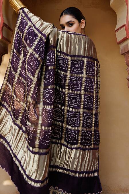 Shop_Geroo Jaipur_Wine Silk, Gabardine Zari, Gharchola Pallu Saree With Unstitched Blouse Piece_Online_at_Aza_Fashions