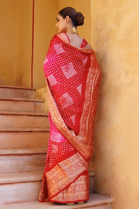 Shop_Geroo Jaipur_Red Gabardine Zari Kanjivaram Bandhani Saree With Unstitched Blouse Piece _at_Aza_Fashions