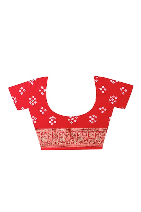 Geroo Jaipur_Red Gabardine Zari Kanjivaram Bandhani Saree With Unstitched Blouse Piece _at_Aza_Fashions