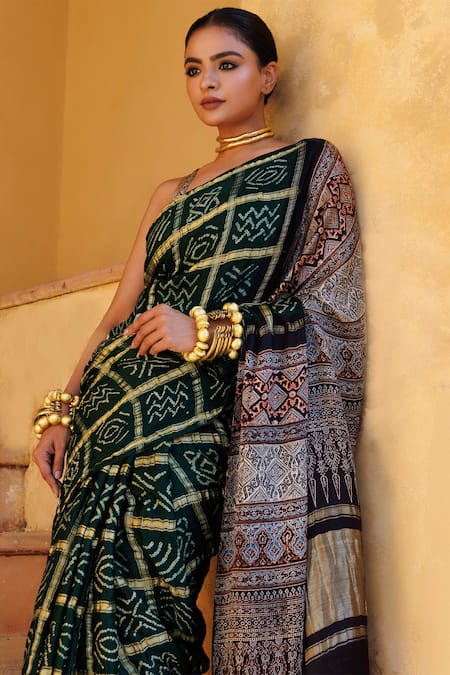 Shop_Geroo Jaipur_Green Gabardine Zari Gajji Silk Gharchola Saree With Unstitched Blouse Piece_Online_at_Aza_Fashions